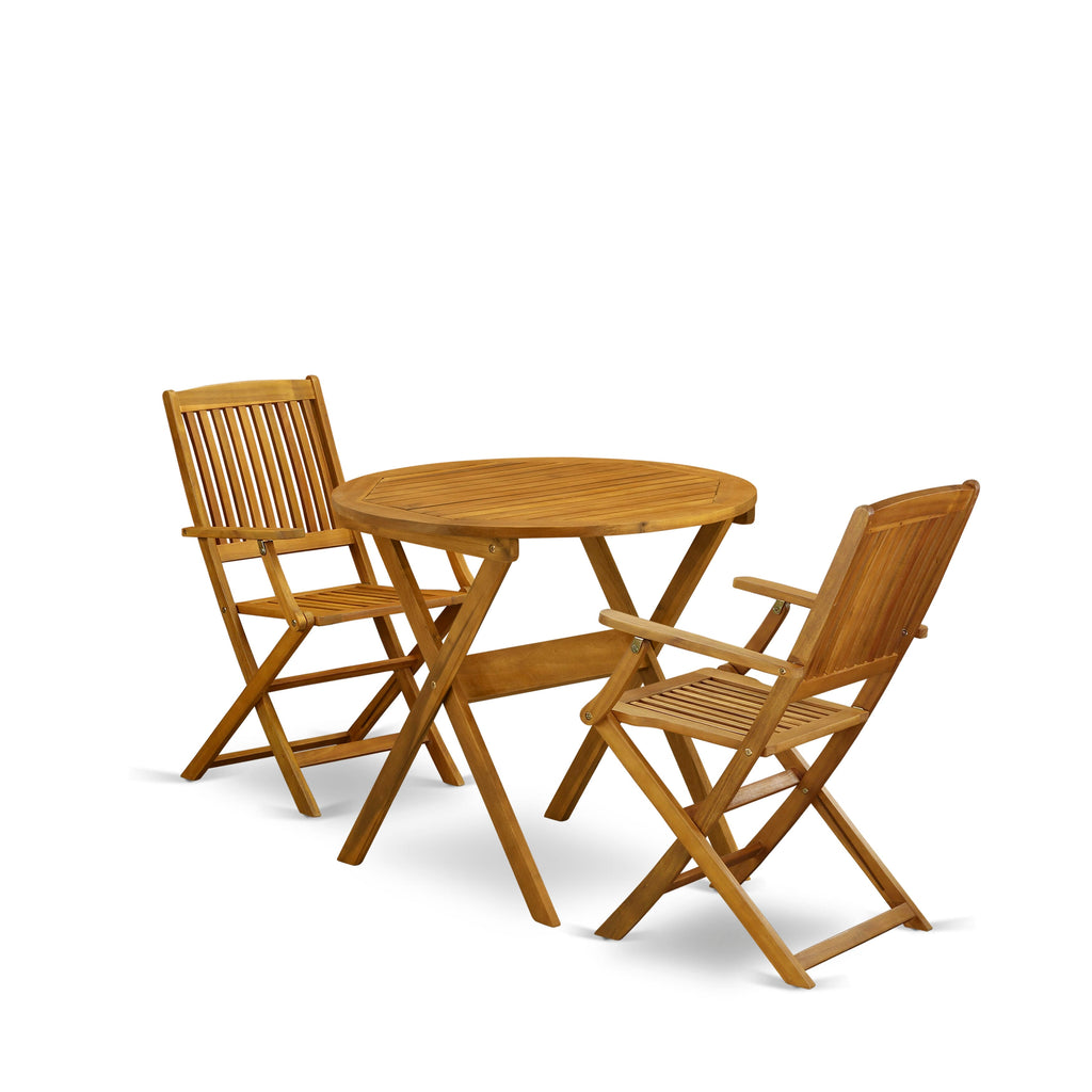 MNCM3EIAN 3-Piece Outdoor Bistro Set with Foldable Wood Coffee Table and Chairs, 30x30 in, Natural Finish