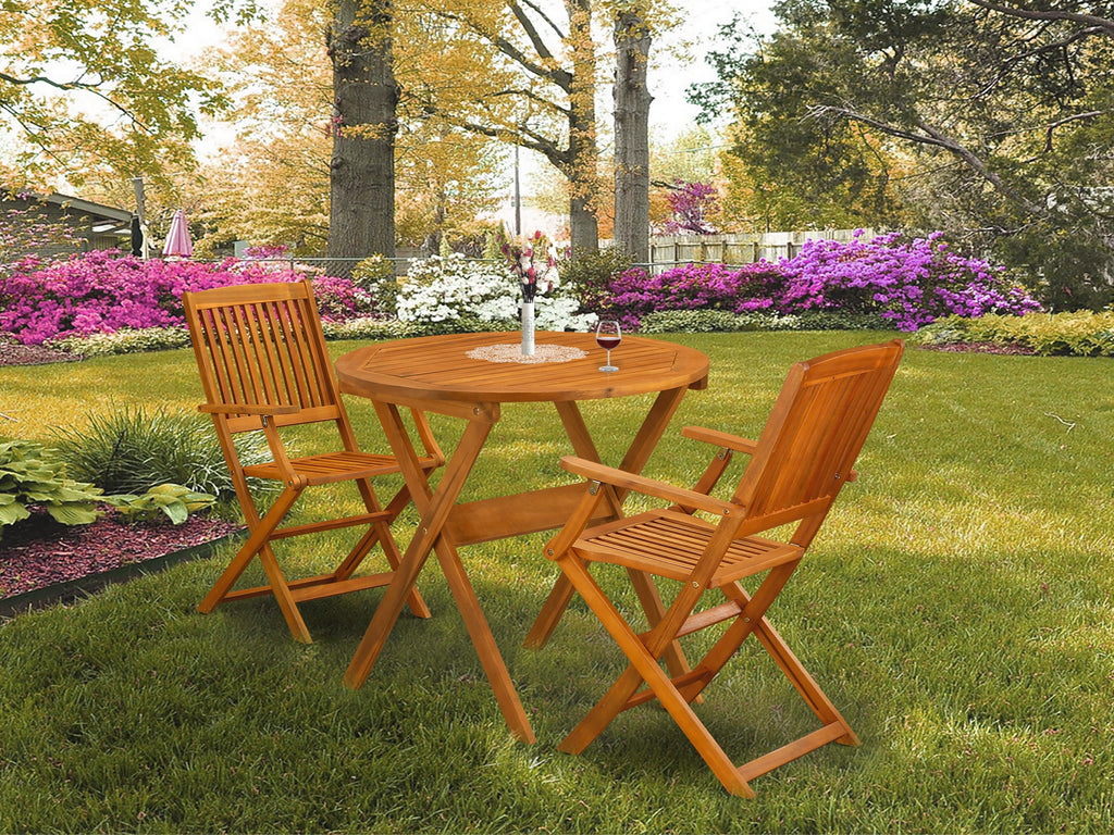 MNCM3EIAN 3-Piece Outdoor Bistro Set with Foldable Wood Coffee Table and Chairs, 30x30 in, Natural Finish