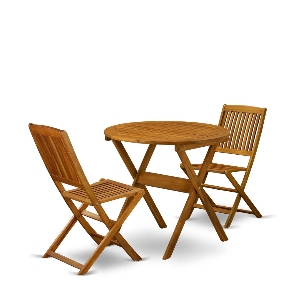 MNCM3IF1R - Stylish Three-Piece Patio Bistro Collection with Acacia Wood Table & Two Foldable Chairs, 30x30 Natural Oil