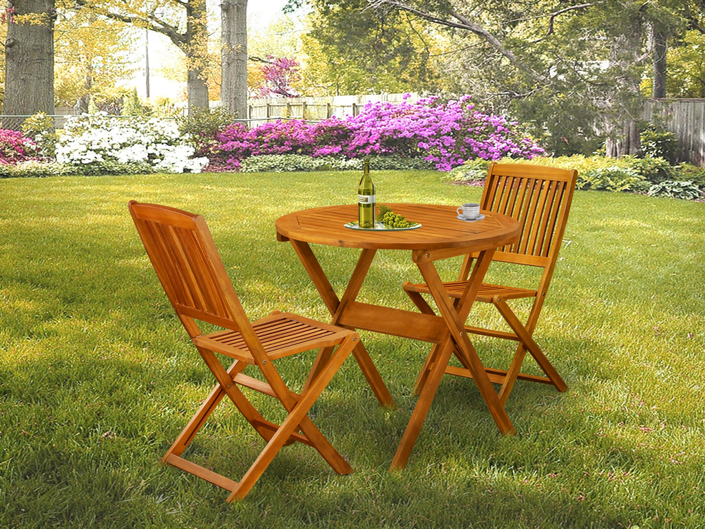 MNCM3IF1R - Stylish Three-Piece Patio Bistro Collection with Acacia Wood Table & Two Foldable Chairs, 30x30 Natural Oil