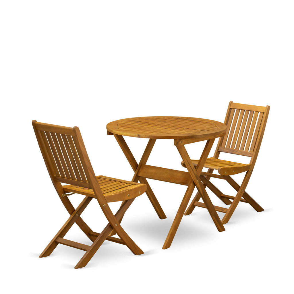 MNDK3HN14 Three-Piece Foldable Outdoor Acacia Wood Bistro Set with Round Table and Two Chairs, 30x30 Inch, in Natural Oil Finish