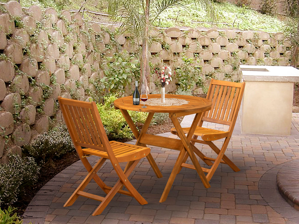 MNDK3HN14 Three-Piece Foldable Outdoor Acacia Wood Bistro Set with Round Table and Two Chairs, 30x30 Inch, in Natural Oil Finish