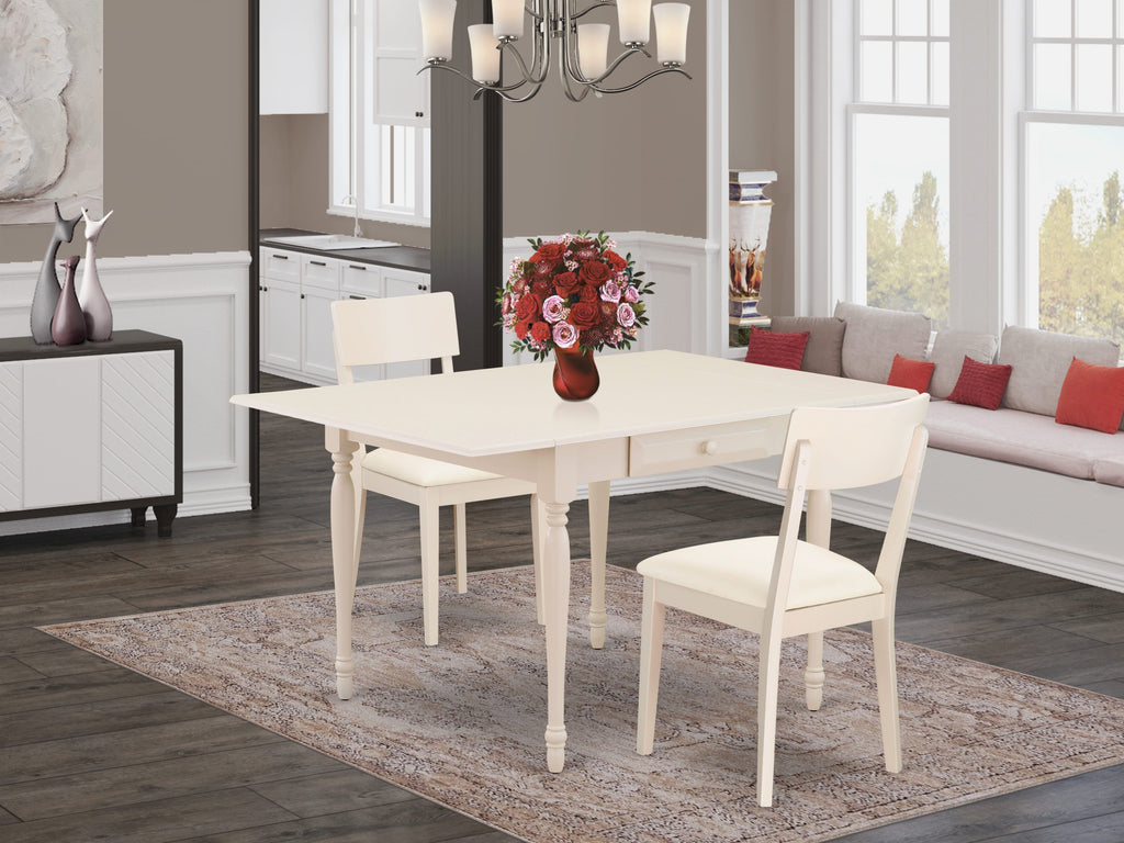 MZAD3-6M9-33 Compact 3-Piece Dining Set with Drop Leaf Table and Upholstered Chairs, 36x54 White Finish