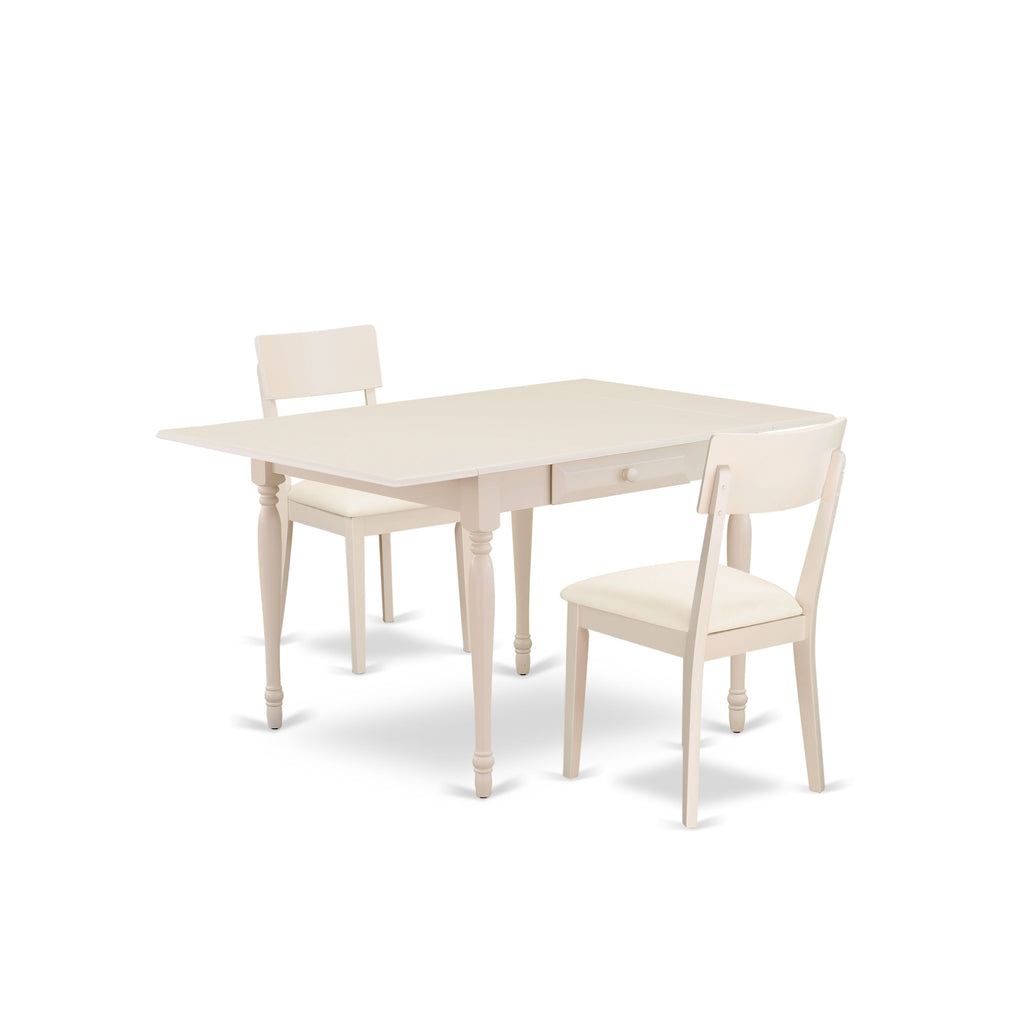 MZAD3-6M9-33 Compact 3-Piece Dining Set with Drop Leaf Table and Upholstered Chairs, 36x54 White Finish