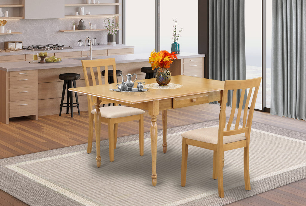 MZAN3-3TU-V Deluxe 3-Piece Dining Ensemble with Dropleaf Table & 2 Upholstered Chairs, 36x54 Oak