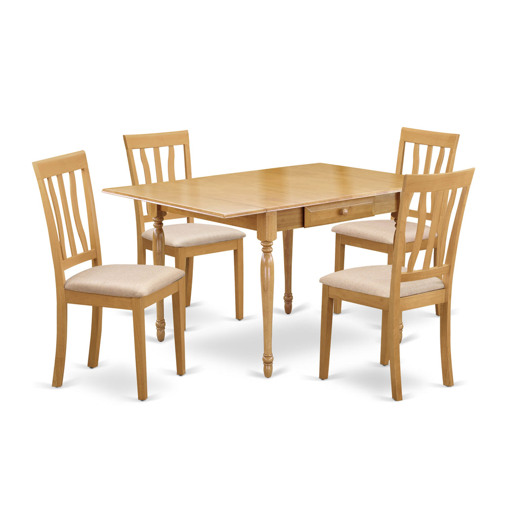 MZAN5-1RT-D Five-Piece Dining Ensemble Drop Leaf Table with Four Upholstered Chairs for the Perfect Dining Experience in Oak Finish