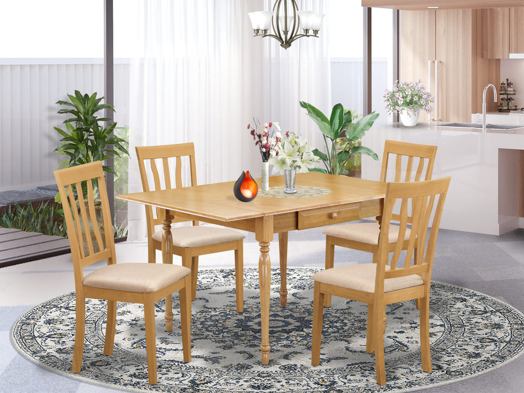 MZAN5-1RT-D Five-Piece Dining Ensemble Drop Leaf Table with Four Upholstered Chairs for the Perfect Dining Experience in Oak Finish