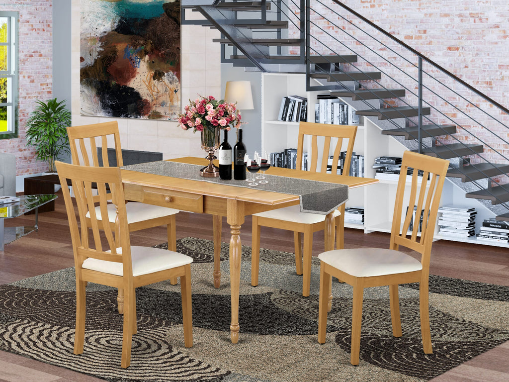 MZAN5-93O-N5 Versatile 5-Piece Wood & Faux Leather Dining Ensemble with Dropleaf Rectangle Table, Oak Finish