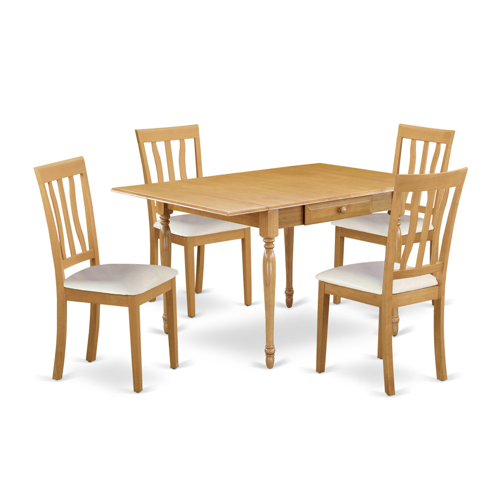 MZAN5-93O-N5 Versatile 5-Piece Wood & Faux Leather Dining Ensemble with Dropleaf Rectangle Table, Oak Finish