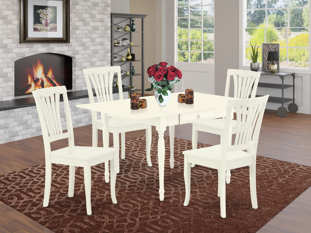 MZAV5-QX2-M 5-Piece Dining Set Drop-Leaf Table & Four Chairs, Elegant White Finish