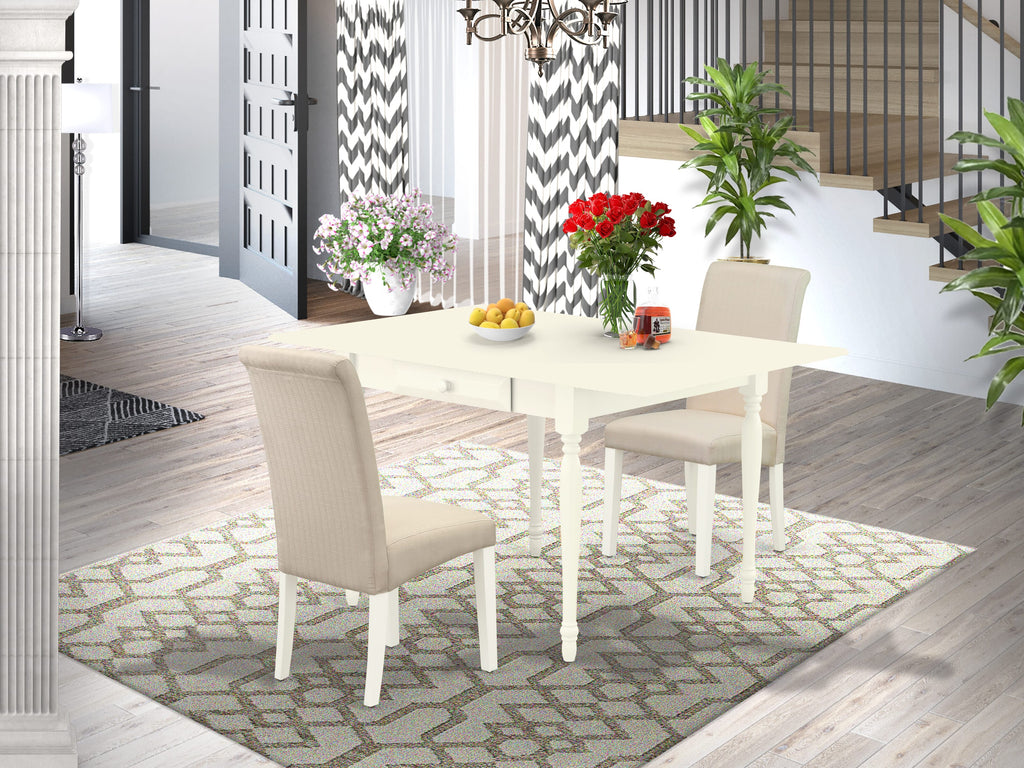 MZBA3-EVU-Y8 3 Piece Dining Ensemble with Dropleaf Rectangle Kitchen Table & 2 Cream Linen Parsons Chairs, 36x54, In Linen White Finish