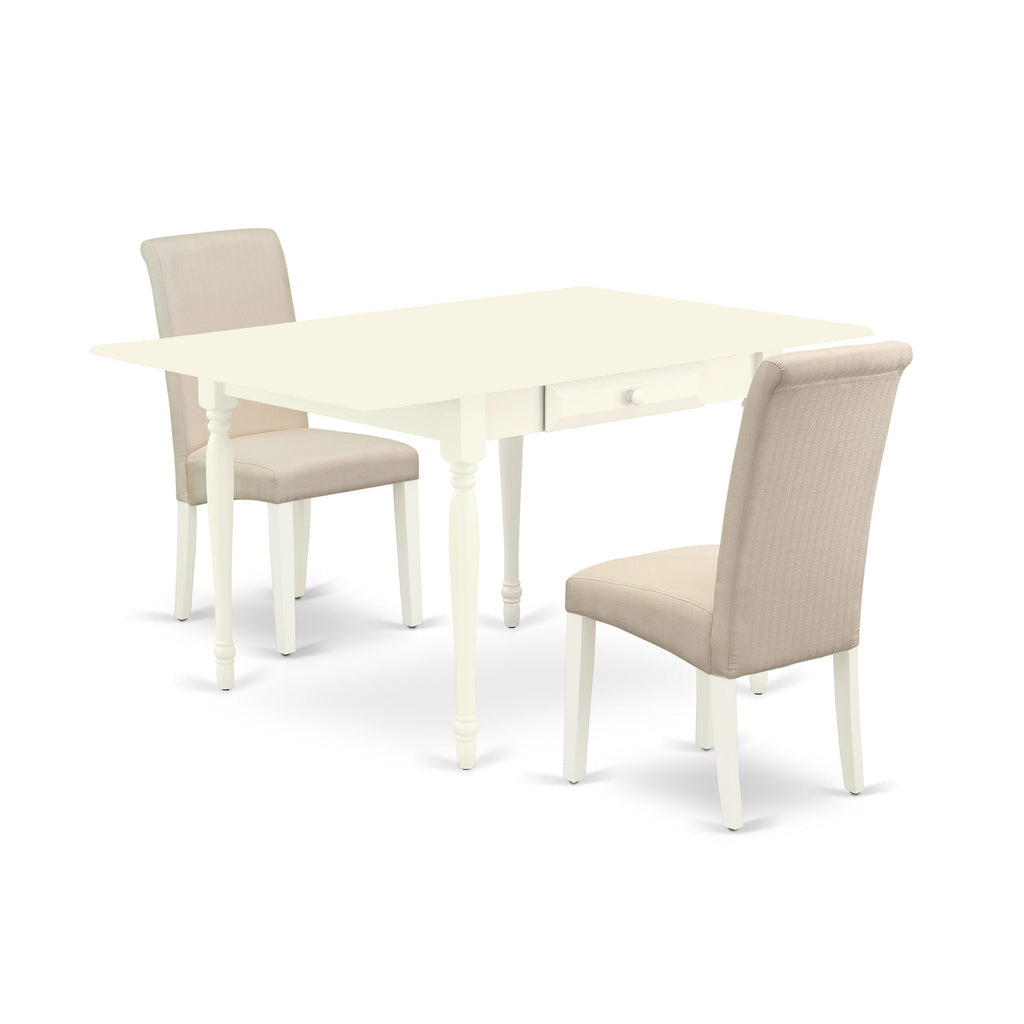 MZBA3-EVU-Y8 3 Piece Dining Ensemble with Dropleaf Rectangle Kitchen Table & 2 Cream Linen Parsons Chairs, 36x54, In Linen White Finish
