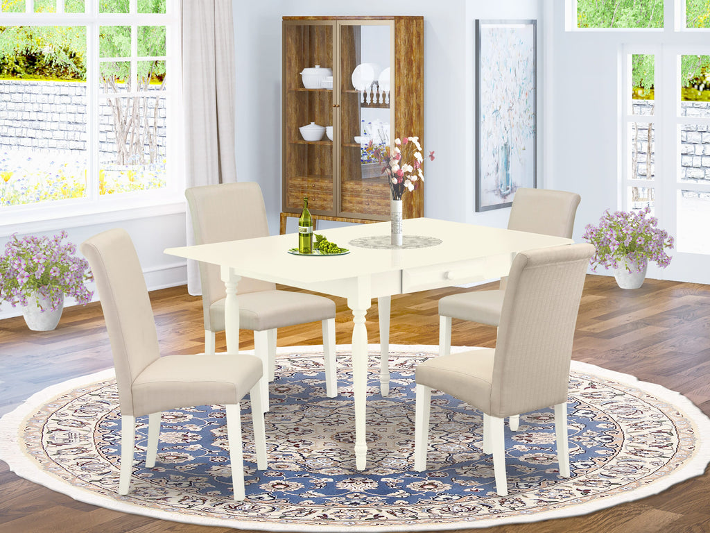 MZBA5-3RT-WT 5-Piece Dining Set with Rectangle Drop-leaf Table and Four Cream Upholstered Parson Chairs, 36x54, Linen White
