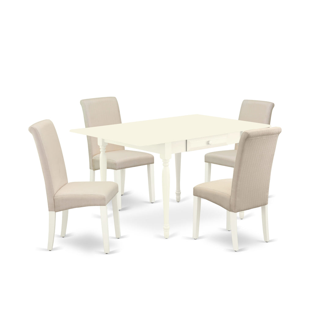 MZBA5-3RT-WT 5-Piece Dining Set with Rectangle Drop-leaf Table and Four Cream Upholstered Parson Chairs, 36x54, Linen White