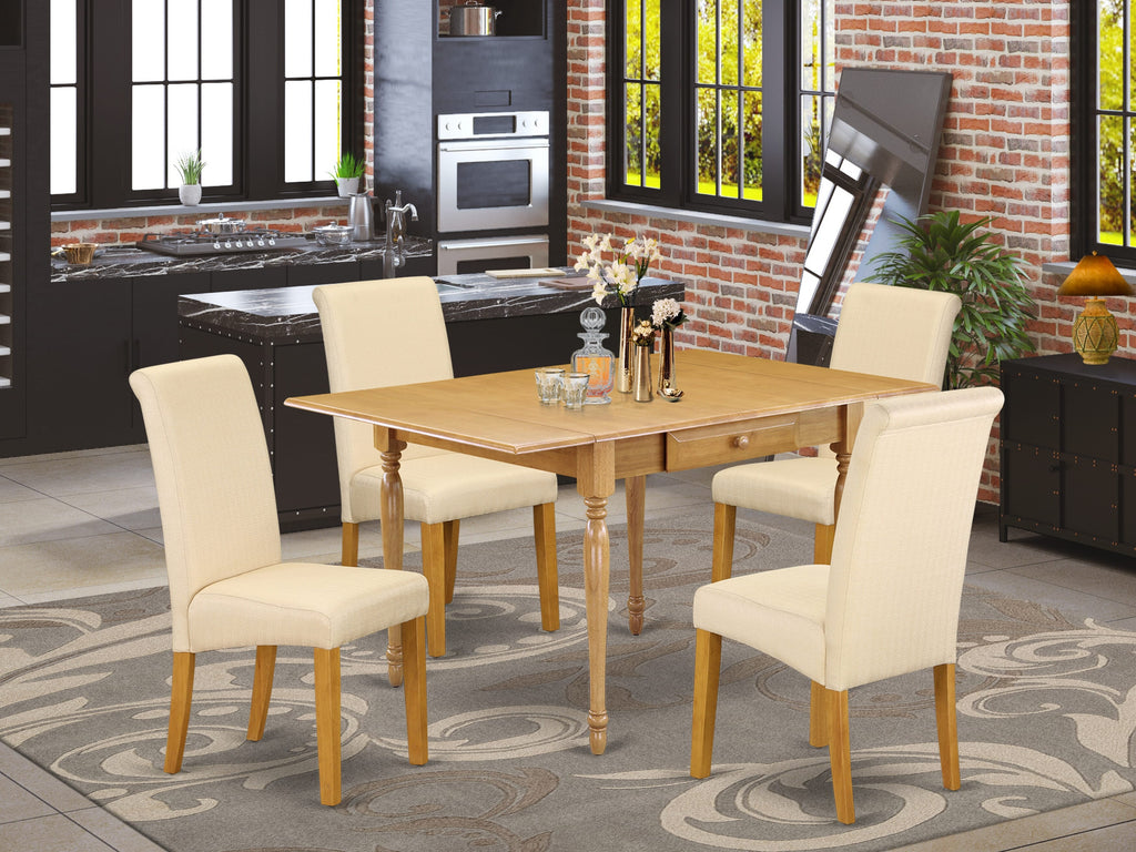 MZBA5-6D8-8J 5 Piece Dining Ensemble with Dropleaf Table and Parsons Chairs Set, Oak Finish