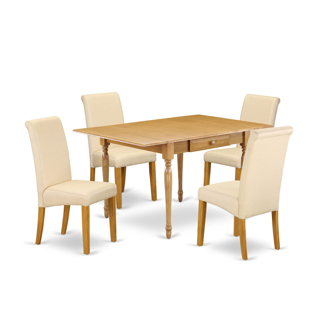 MZBA5-6D8-8J 5 Piece Dining Ensemble with Dropleaf Table and Parsons Chairs Set, Oak Finish