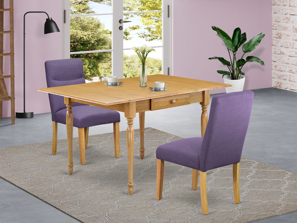 MZBE3-V0X-AU 3-Piece Dining Set Featuring Rectangular Drop-leaf Table and 2 Updated Linen Parsons Chairs, 36x54, in Oak Finish