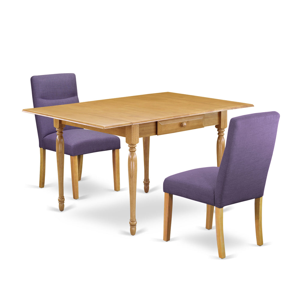 MZBE3-V0X-AU 3-Piece Dining Set Featuring Rectangular Drop-leaf Table and 2 Updated Linen Parsons Chairs, 36x54, in Oak Finish