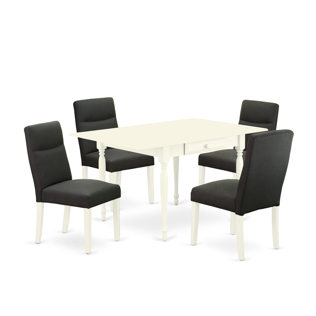 MZBE5-5DX-O1 Elegant 5-Piece Dining Set with Drop Leaf Table and Linen Upholstered Chairs for Four, 36x54 in Soft White Finish