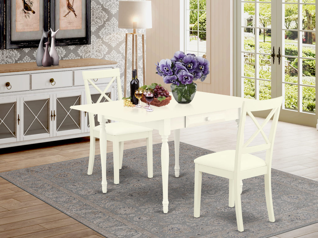 MZBO3-YOO-81 Chic Dining Ensemble 3 Piece Set with Dropleaf Table and 2 Elegant Chairs, Linen White