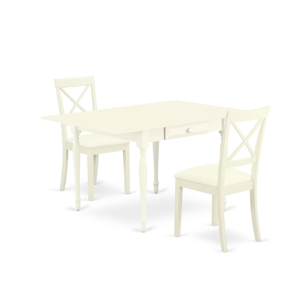 MZBO3-YOO-81 Chic Dining Ensemble 3 Piece Set with Dropleaf Table and 2 Elegant Chairs, Linen White