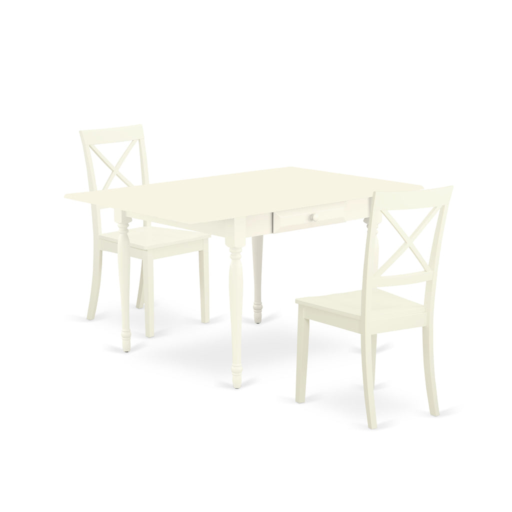 MZBO3-0YS-M Cozy 3-Piece Dining Set Compact Dropleaf Table & Wooden Chairs, 36x54 inch, in Soft White