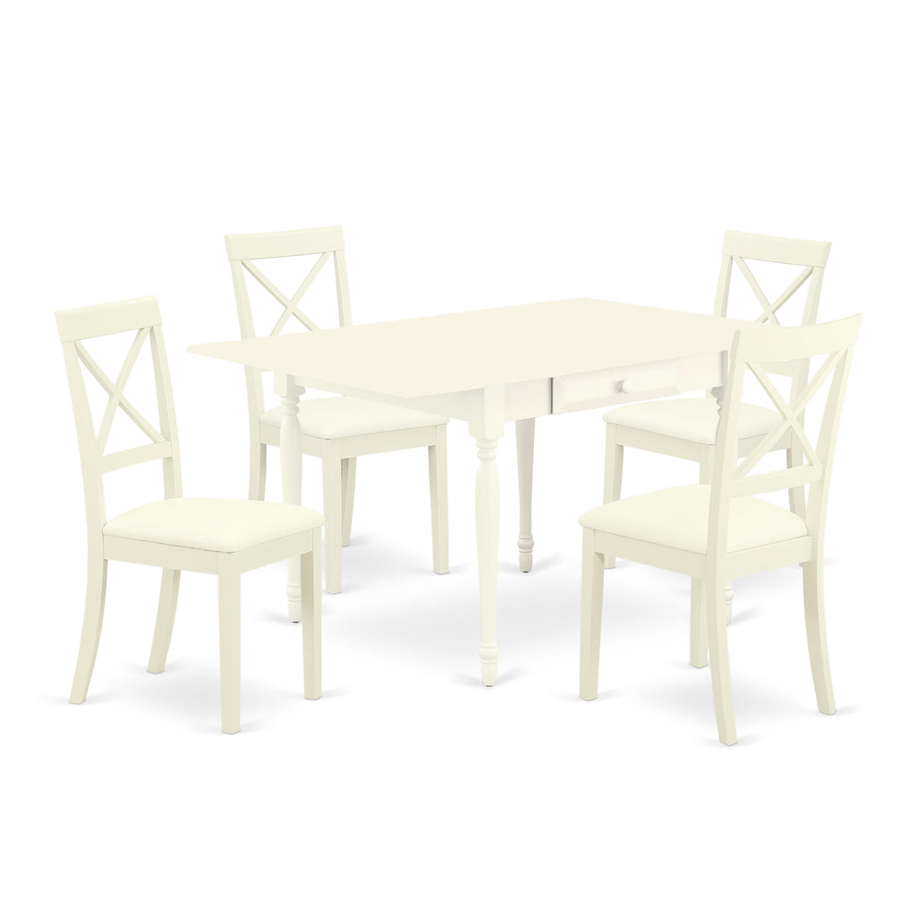 MZBO5-8MV-8T 5 Piece Dining Set Rectangular Table & 4 Upholstered Chairs with Dropleaf, Linen White