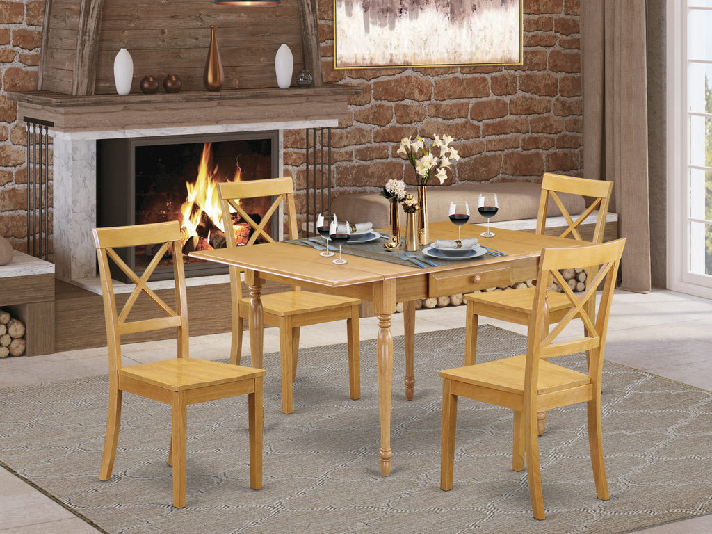 MZBO5-PSF-U Cozy Oak Dining Set - 5 Piece Kitchen Table Ensemble with Drop-leaf and Solid Wood Chairs
