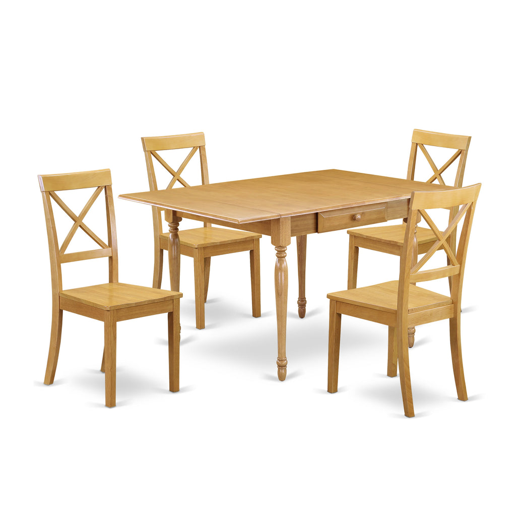 MZBO5-PSF-U Cozy Oak Dining Set - 5 Piece Kitchen Table Ensemble with Drop-leaf and Solid Wood Chairs