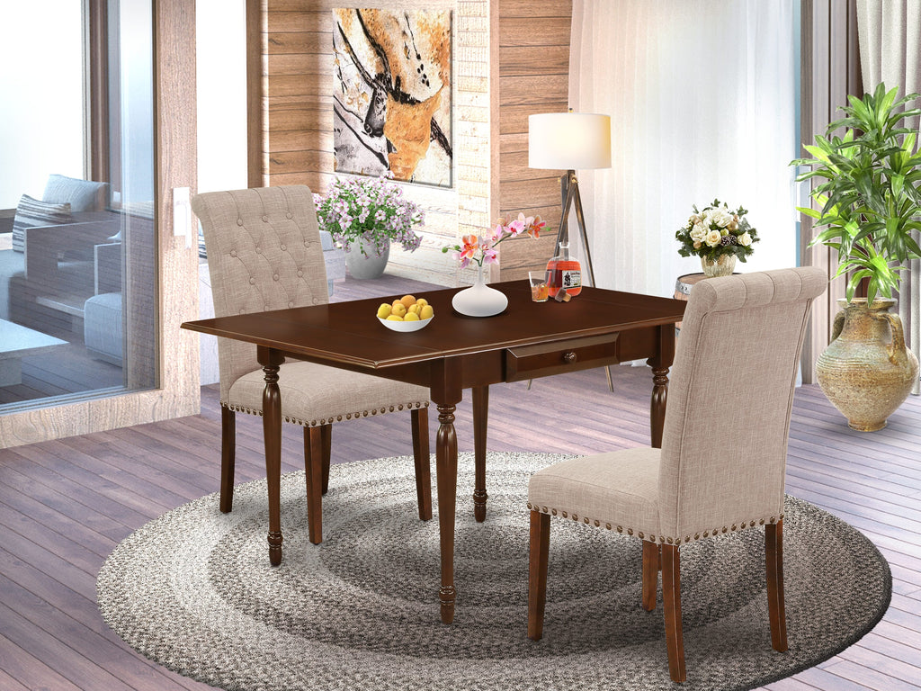 Compact Dining Collection MZBR3-E29-AC with Drop Leaf Table & Linen Parson Chairs, 3 Piece Set