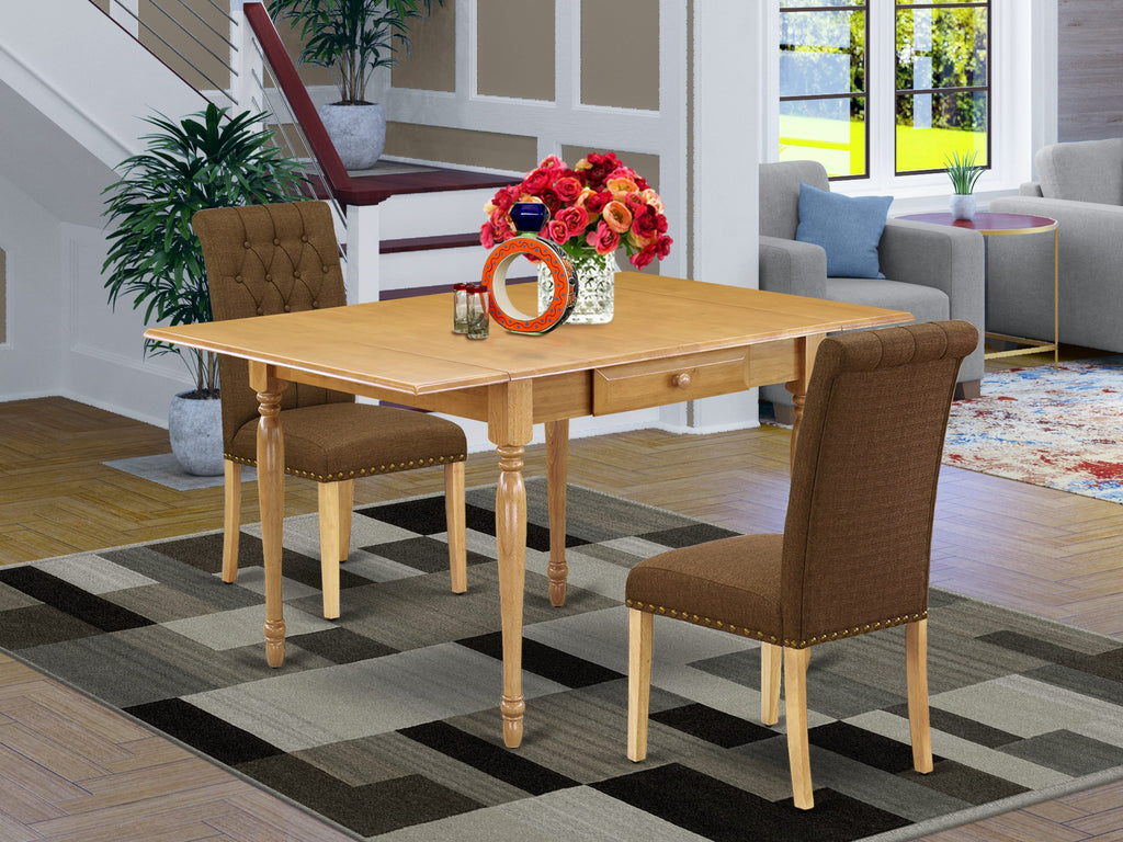 Innovative MZBR3-G6Q-4K Dining Ensemble Dropleaf Table & Brown Linen Seating, 36x54 Oak Finish