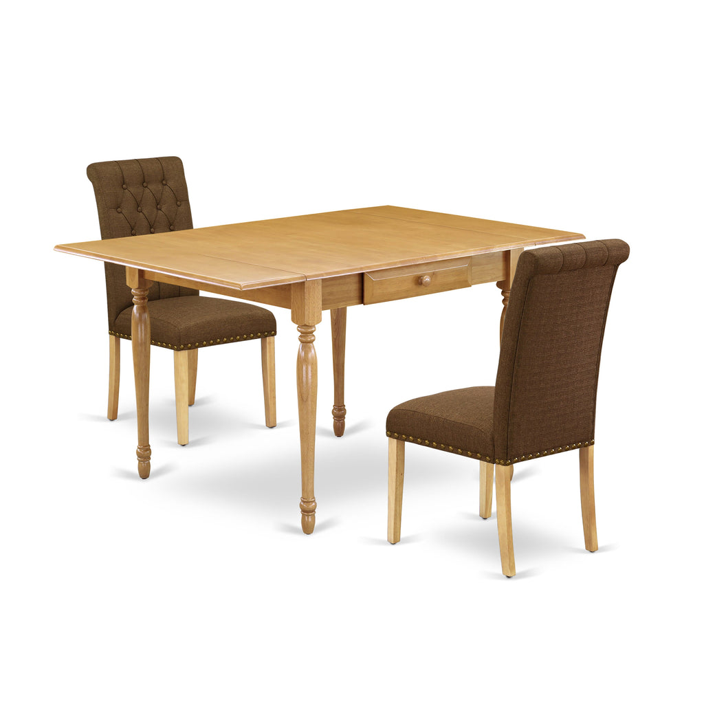 Innovative MZBR3-G6Q-4K Dining Ensemble Dropleaf Table & Brown Linen Seating, 36x54 Oak Finish