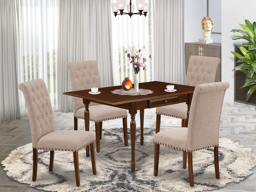 MZBR5-QB2-6Z 5-Piece Set Chic Dining Table with Dropleaf and 4 Upholstered Tan Chairs in Rich Mahogany, 36x54