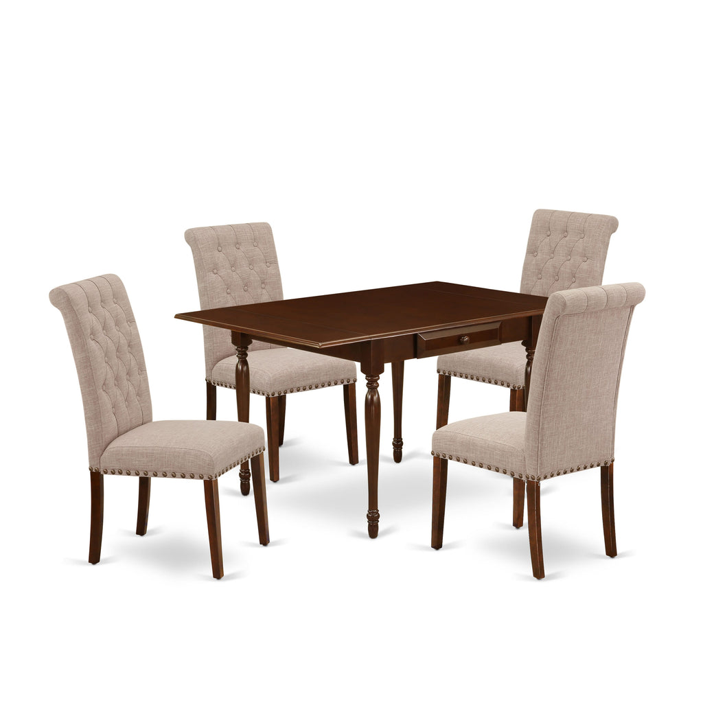 MZBR5-QB2-6Z 5-Piece Set Chic Dining Table with Dropleaf and 4 Upholstered Tan Chairs in Rich Mahogany, 36x54