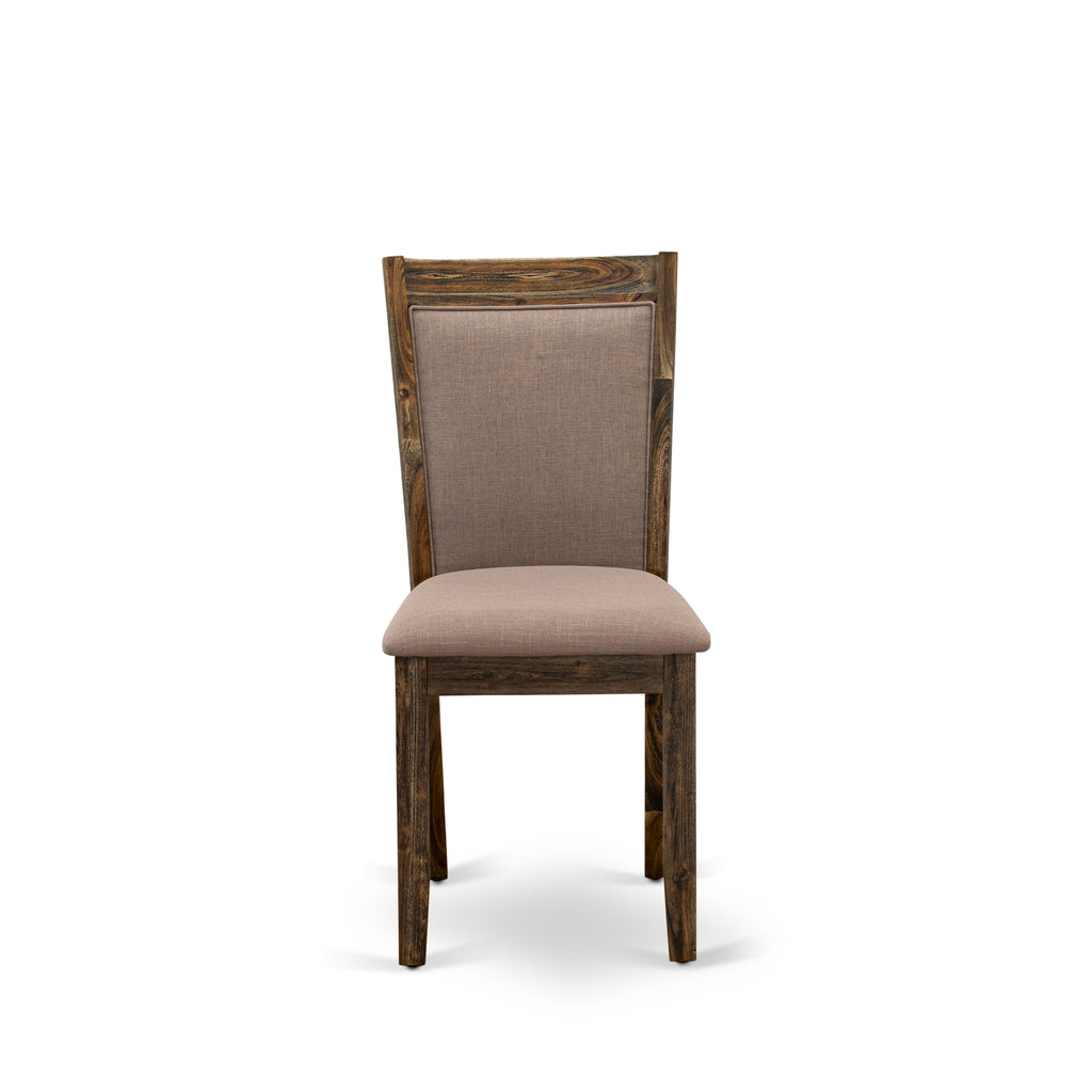 I3MZ5-SGL 5-Piece Dining Ensemble Elegant Round Table with 4 Coffee Linen Chairs, 48-Inch Distressed Jacobean Finish