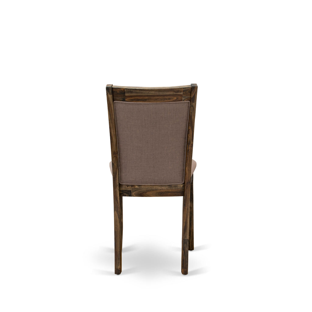 I3MZ5-SGL 5-Piece Dining Ensemble Elegant Round Table with 4 Coffee Linen Chairs, 48-Inch Distressed Jacobean Finish