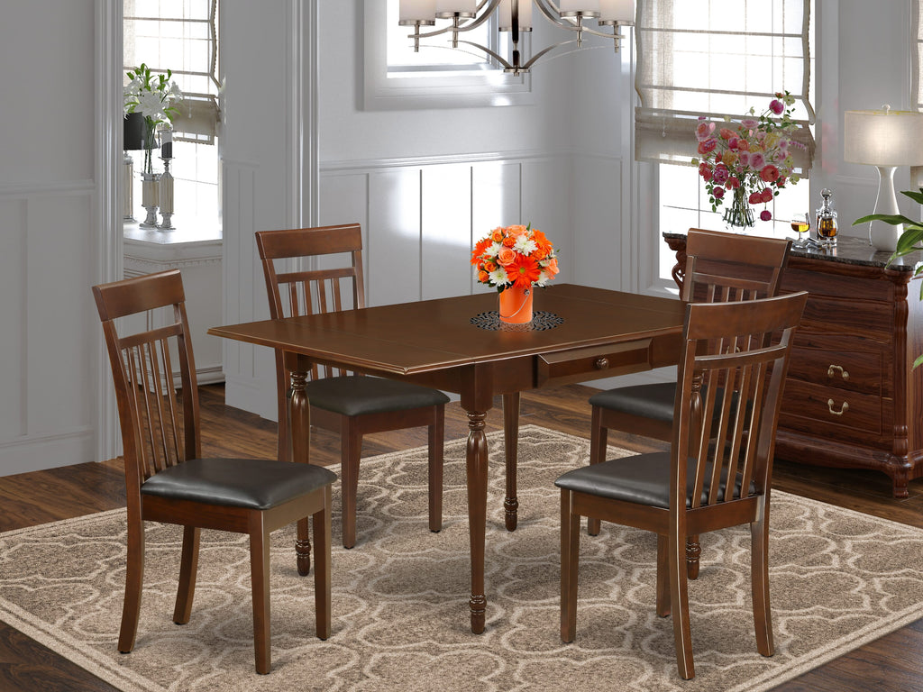 MZCA5-L0Z-4J 5-Piece Sleek Dining Ensemble with Drop-leaf Mahogany Rectangle Table and 4 Leather-Style Seats, 36x54 Inch