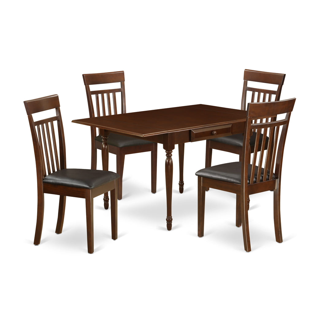 MZCA5-L0Z-4J 5-Piece Sleek Dining Ensemble with Drop-leaf Mahogany Rectangle Table and 4 Leather-Style Seats, 36x54 Inch
