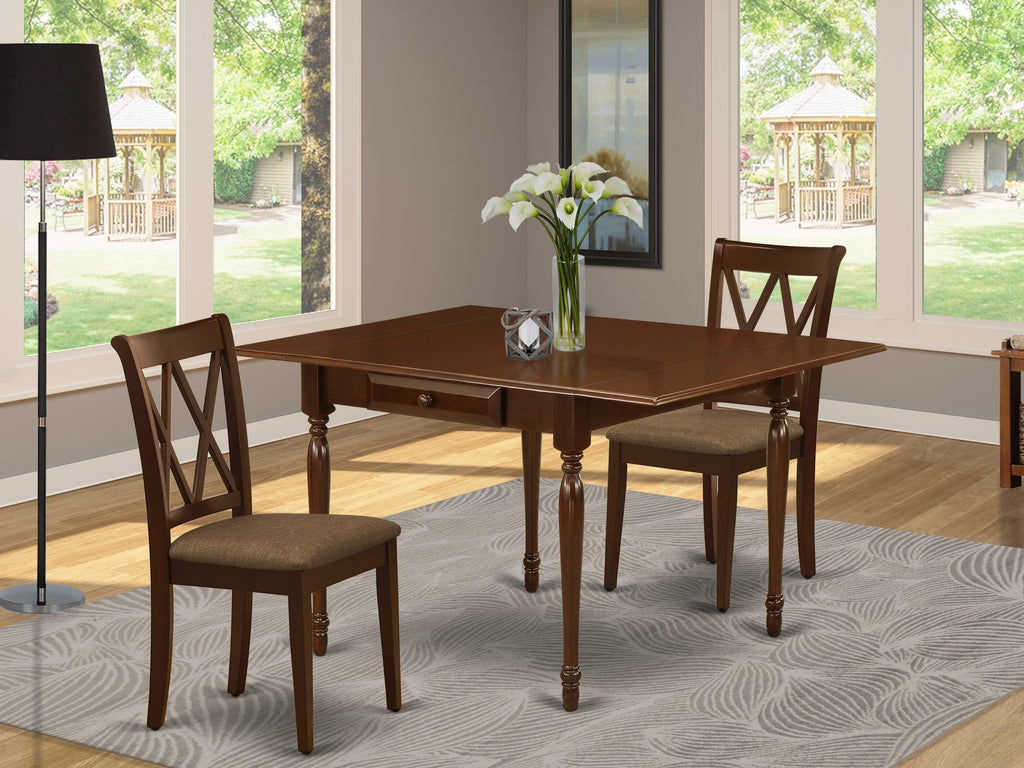 MZCL3-Q1Q-R 3-Piece Compact Dining Set with Mahogany Dropleaf Table & Linen Chairs for Cozy Dining Spaces
