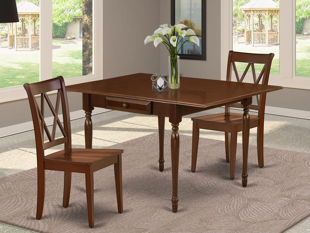 MZCL3-KX8-D Stylish Compact 3 PC Dining Set with Drop Leaf Table & Wooden Chairs, 36x54, Mahogany Finish