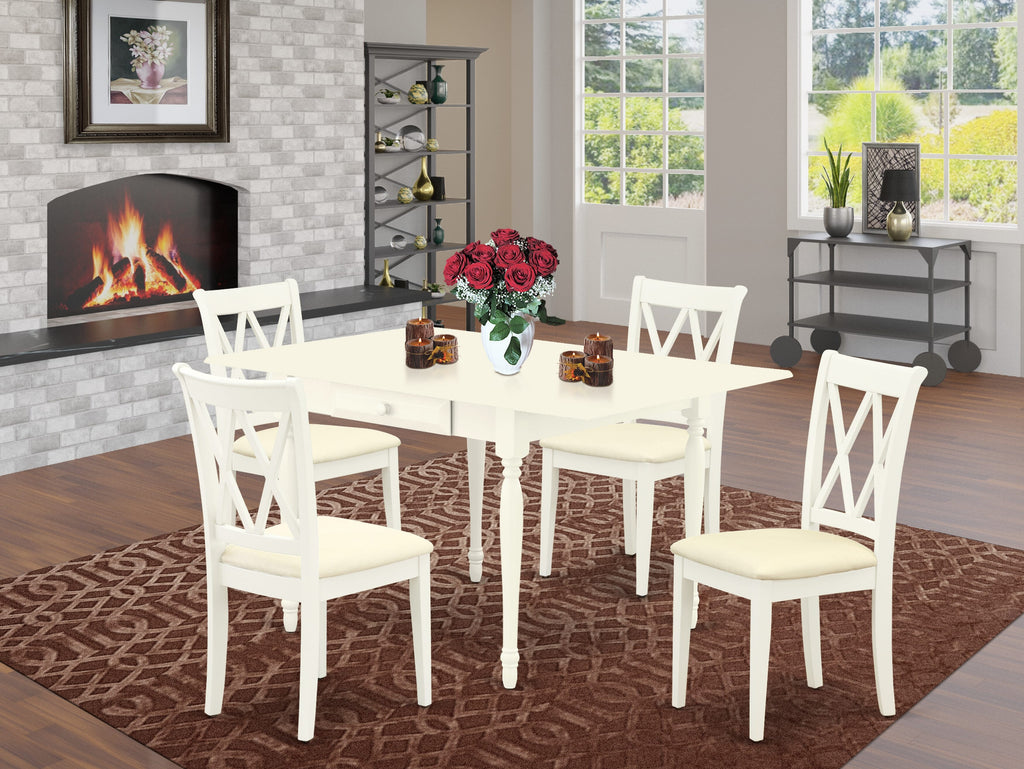MZCL5-J51-F 5-Piece Dining Ensemble Rectangle Table with Dropleaf & 4 Upholstered Chairs, Linen White