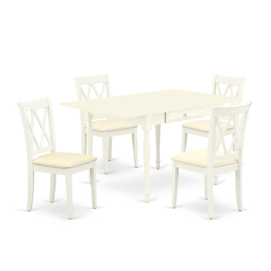 MZCL5-J51-F 5-Piece Dining Ensemble Rectangle Table with Dropleaf & 4 Upholstered Chairs, Linen White