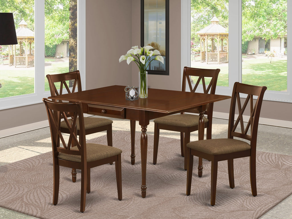 MZCL5-B6C-E 5-Piece Set Rectangle Table with Dropleaf and Upholstered Seating for Dining 36x54 in Rich Mahogany