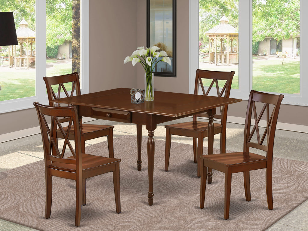 MZCL5-6ND-3 Stylish 5-Piece Dining Suite Expandable Rectangular Table and 4 Tailored Wood Seat Chairs, 36x54 in Rich Mahogany Finish