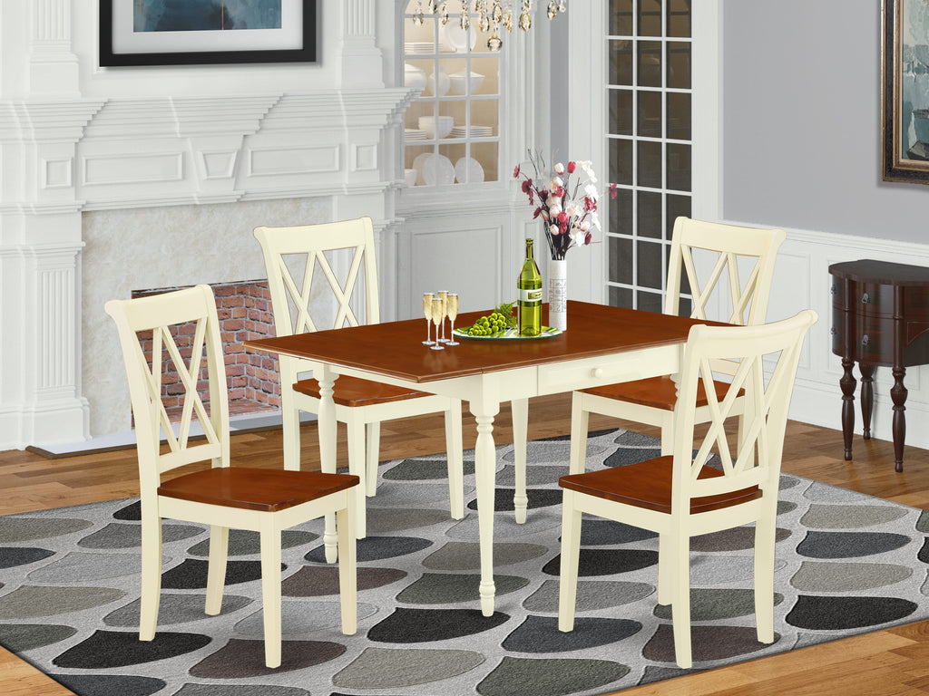 MZCL5-PBW-N 5-Piece Dining Ensemble Rectangular Dropleaf Table & 4 Chairs, Buttermilk Cherry Accents