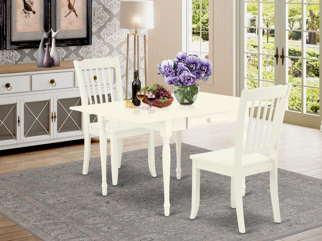 MZDA3-2P6-Y 3 Pc Dining Set Rectangular Dropleaf Table & 2 Chairs (White, 36x54)