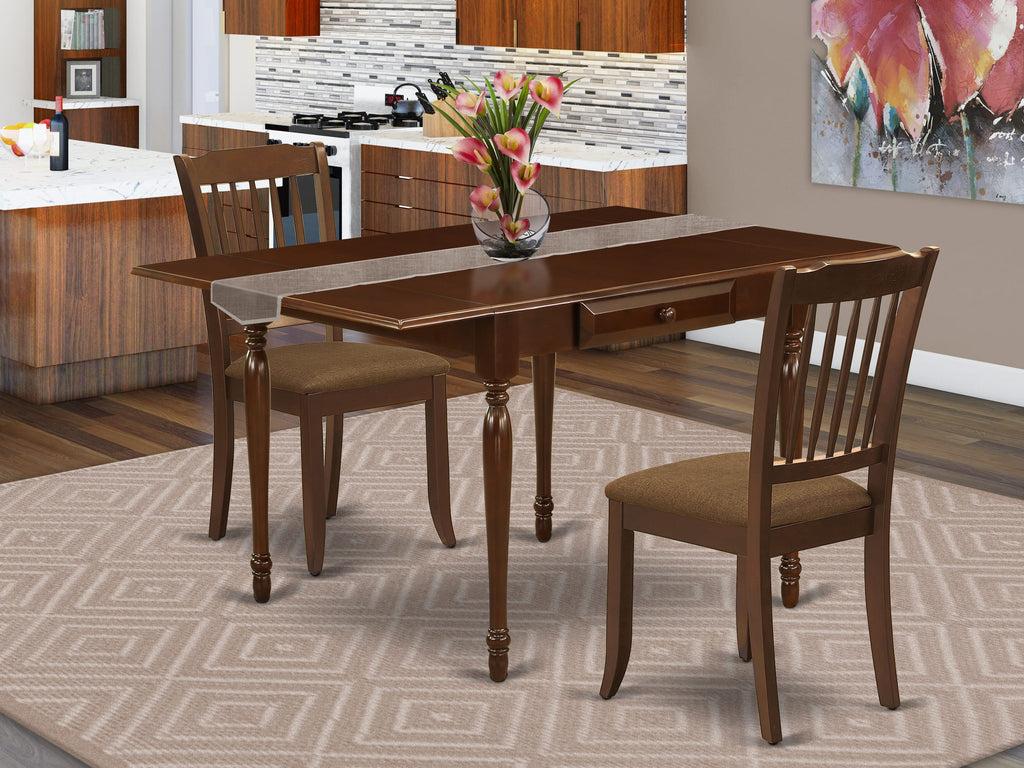 MZDA3-7UE-7 - Compact 3-Piece Dining Set with Elegant Dropleaf Table and Soft Upholstered Chairs in Rich Mahogany Finish
