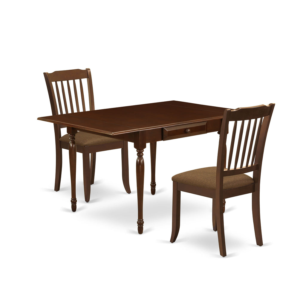 MZDA3-7UE-7 - Compact 3-Piece Dining Set with Elegant Dropleaf Table and Soft Upholstered Chairs in Rich Mahogany Finish