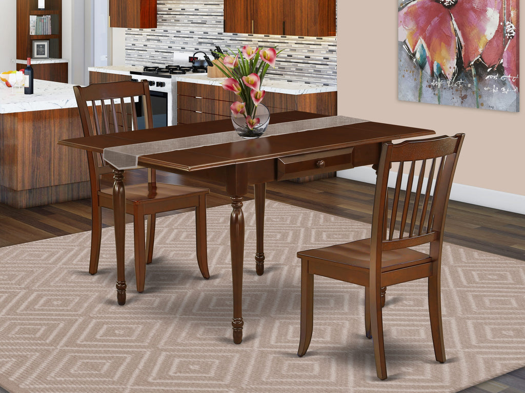 MZDA3-8SX-W Compact 3 Piece Dining Ensemble with Dropleaf Table & Pair of Chairs, Mahogany Finish