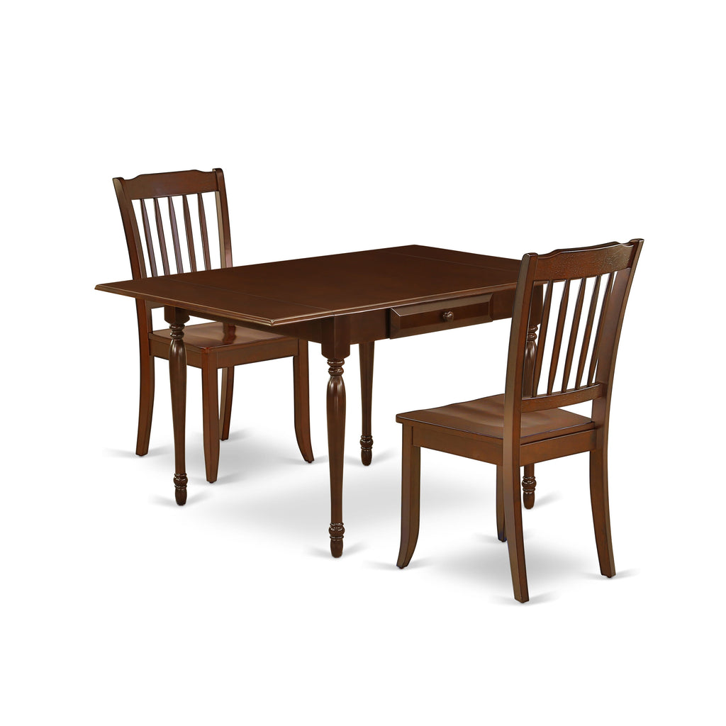 MZDA3-8SX-W Compact 3 Piece Dining Ensemble with Dropleaf Table & Pair of Chairs, Mahogany Finish